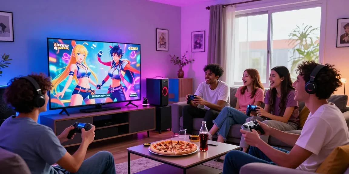 Friends enjoying intense gameplay of exciting hentai games together in a lively atmosphere.