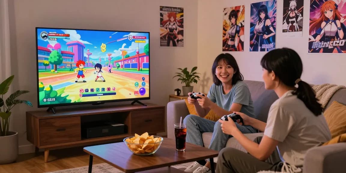 Friends enjoying popular hentaigames together in a cozy living room.