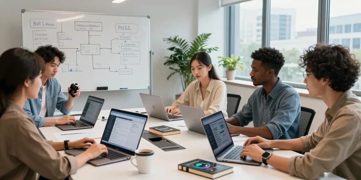 Team collaborating in a modern office using the best AI tools for innovative tech solutions.