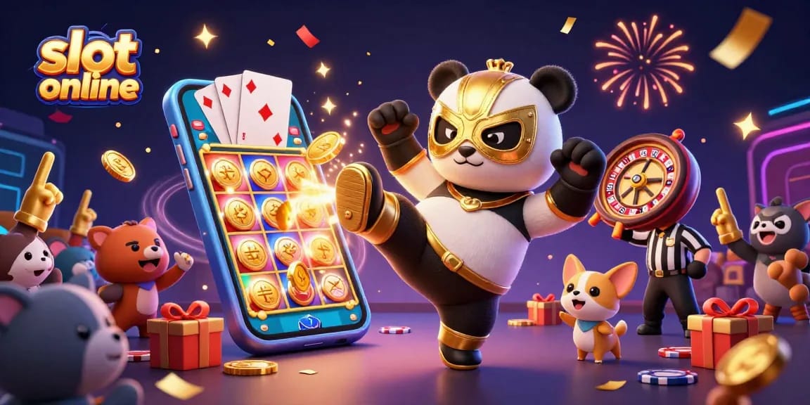 Engage with thrilling slot online action in a vibrant 3D casino scene featuring a playful panda.