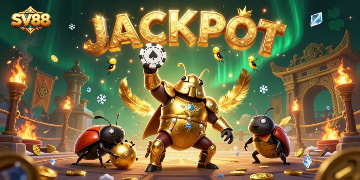 SV88 casino beetles celebrate a jackpot win in an exciting 3D illustration.