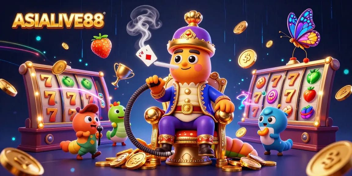 Engaging scene of ASIALIVE88 with a unique caterpillar hookah-master and vibrant slot elements, creating casino excitement.