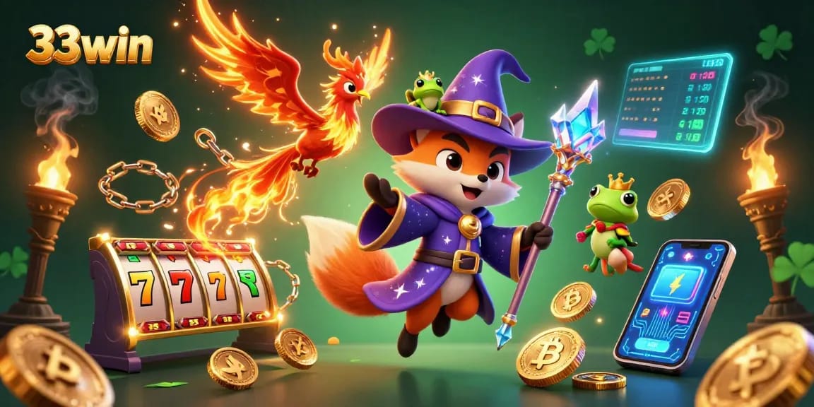 Bet on 33win with thrilling slots and a mystical wizard in a vibrant 3D scene.
