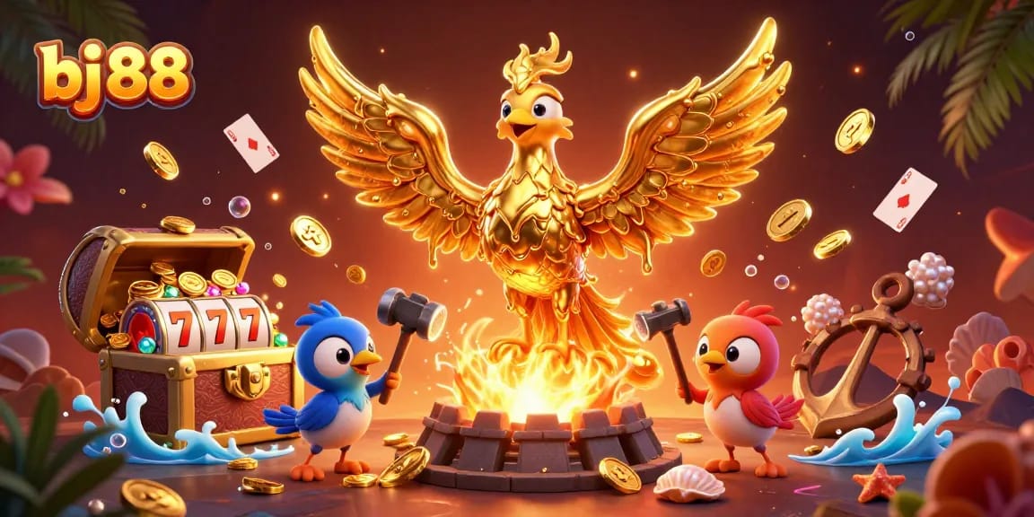 Experience thrilling gaming with bj 88's golden phoenix, vibrant slot reels, and dynamic casino elements.