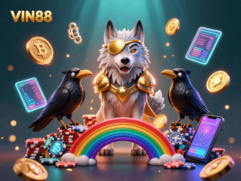 Experience the thrilling world of VIN88 with a vibrant Norse-inspired casino scene full of energy.