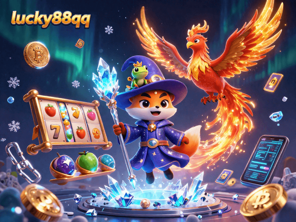 Experience thrilling gameplay with lucky88qq, featuring a wizard fox, phoenix, and vibrant slot reels.