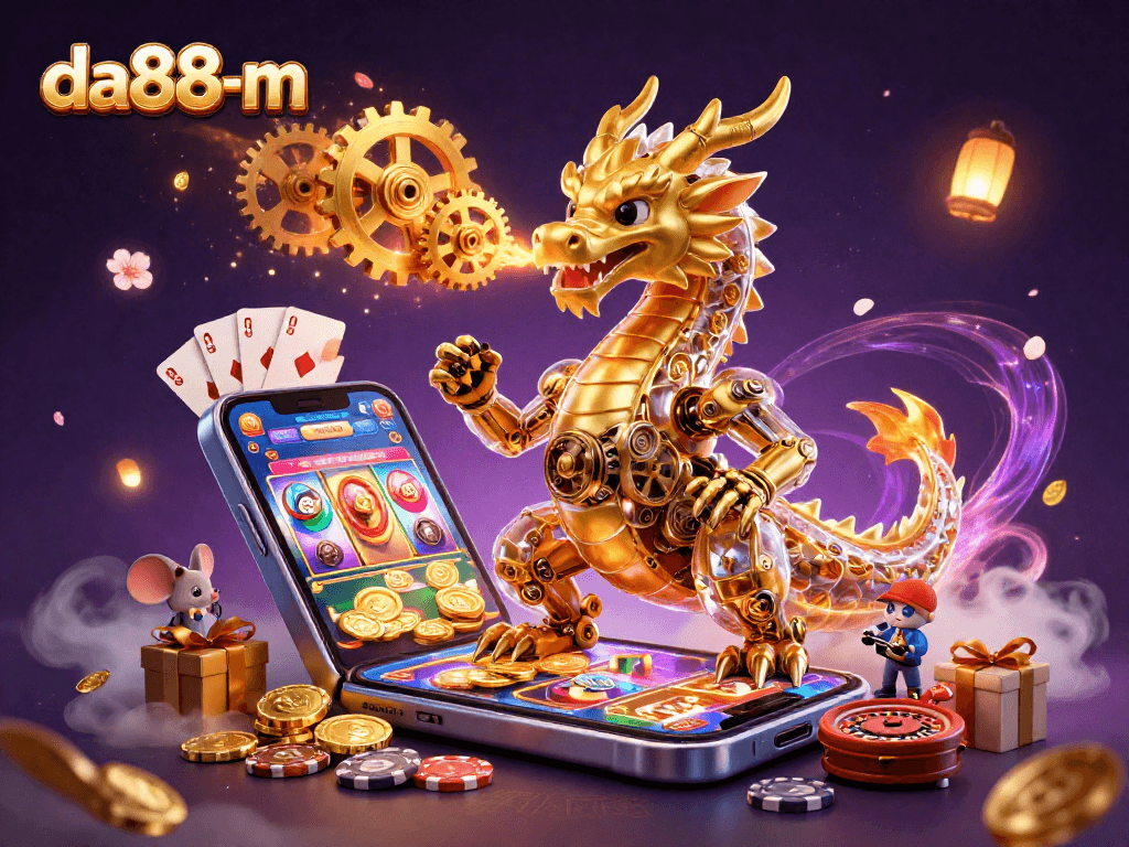 Experience the thrill with da88-m: a golden dragon and vibrant casino elements in a dynamic 3D scene.