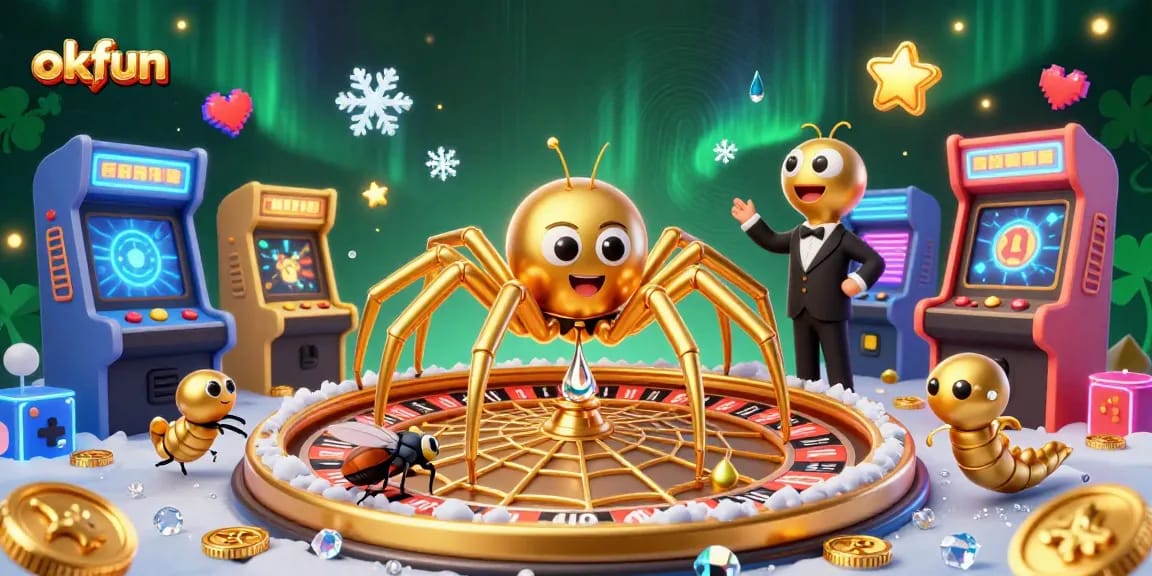 Experience the thrill of okfun with a golden spider spinning a roulette wheel in a vibrant casino scene.