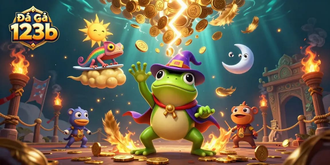 Experience the excitement of Đá gà 123b with a vibrant 3D illustration featuring dynamic characters and gambling elements.