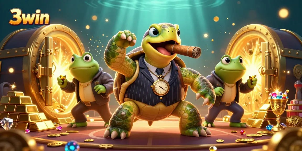 Experience thrilling moments at 3win with a vibrant 3D casino scene featuring a snapping turtle and bullfrog enforcers.