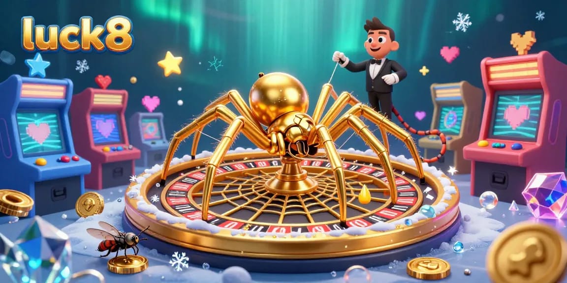 Engage with luck8's vibrant casino experience as the golden spider spins a roulette wheel web with a flying insect betting.