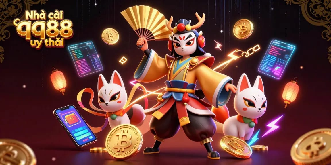 Engage with Nhà cái qq88 uy tín, featuring a vibrant 3D display of casino gaming elements and traditional characters.