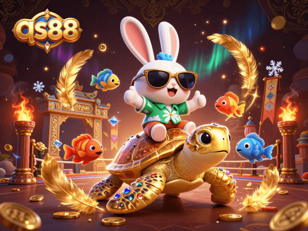 Win big with qs88 in a vibrant scene featuring a lucky rabbit and a golden turtle.
