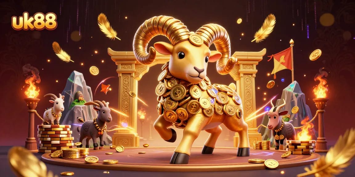 Experience the thrill of uk88 as the golden ram charges into the casino gates surrounded by vibrant elements.