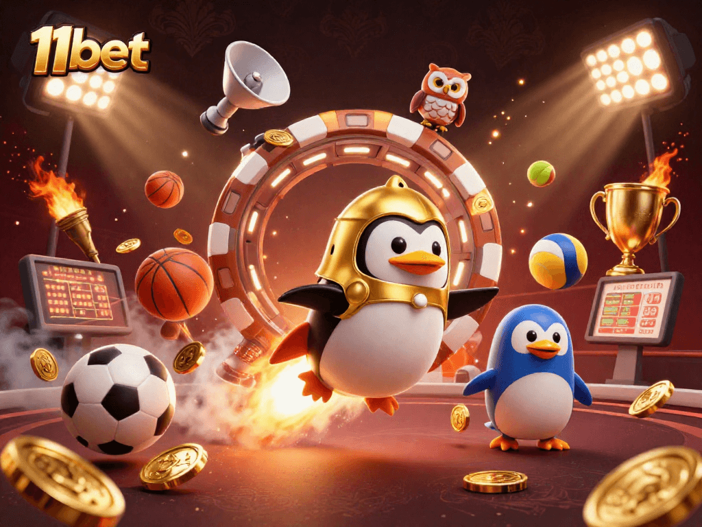 Experience exciting gameplay with 11bet as a golden penguin leads the gambling adventure.