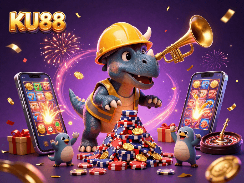Celebrate your wins at KU88 with a vibrant 3D illustration of casino fun.