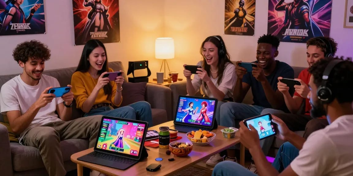 Players enjoying mobile hentai games in a cozy living room, vibrant gaming devices and anime visuals creating an inviting atmosphere.