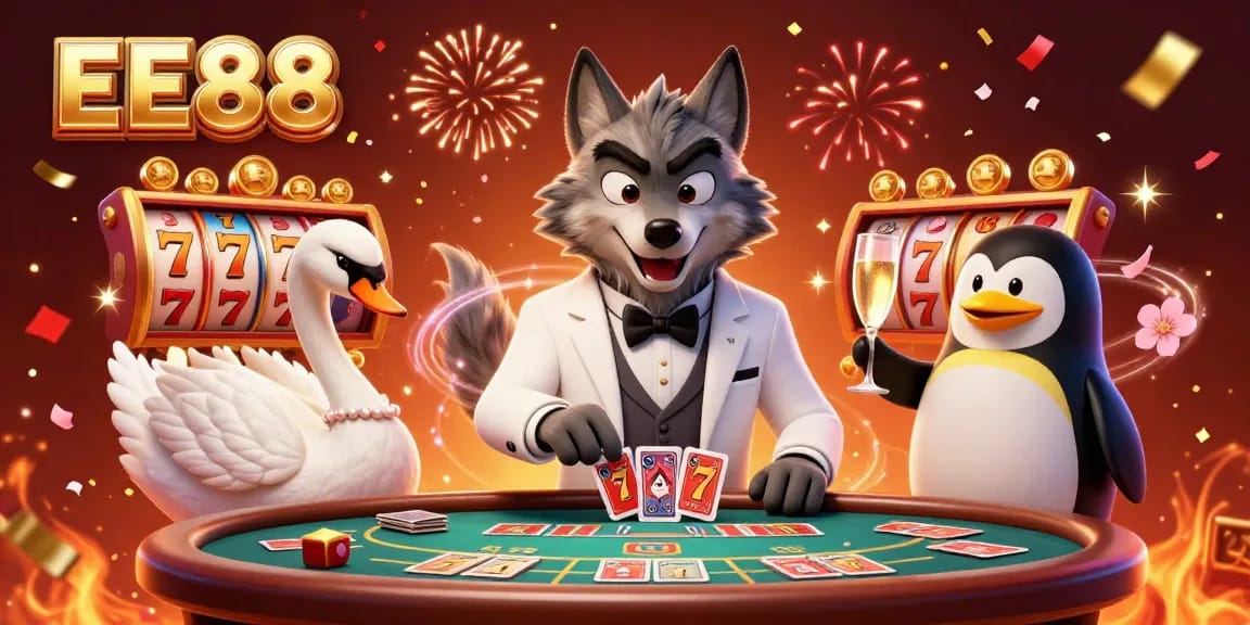 Experience excitement at EE88 with a lively 3D casino scene featuring unique characters and vibrant elements.