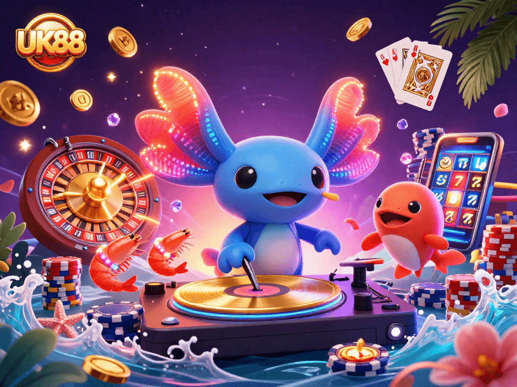 Engage in the vibrant UK88 casino experience with animated characters celebrating gambling fun.