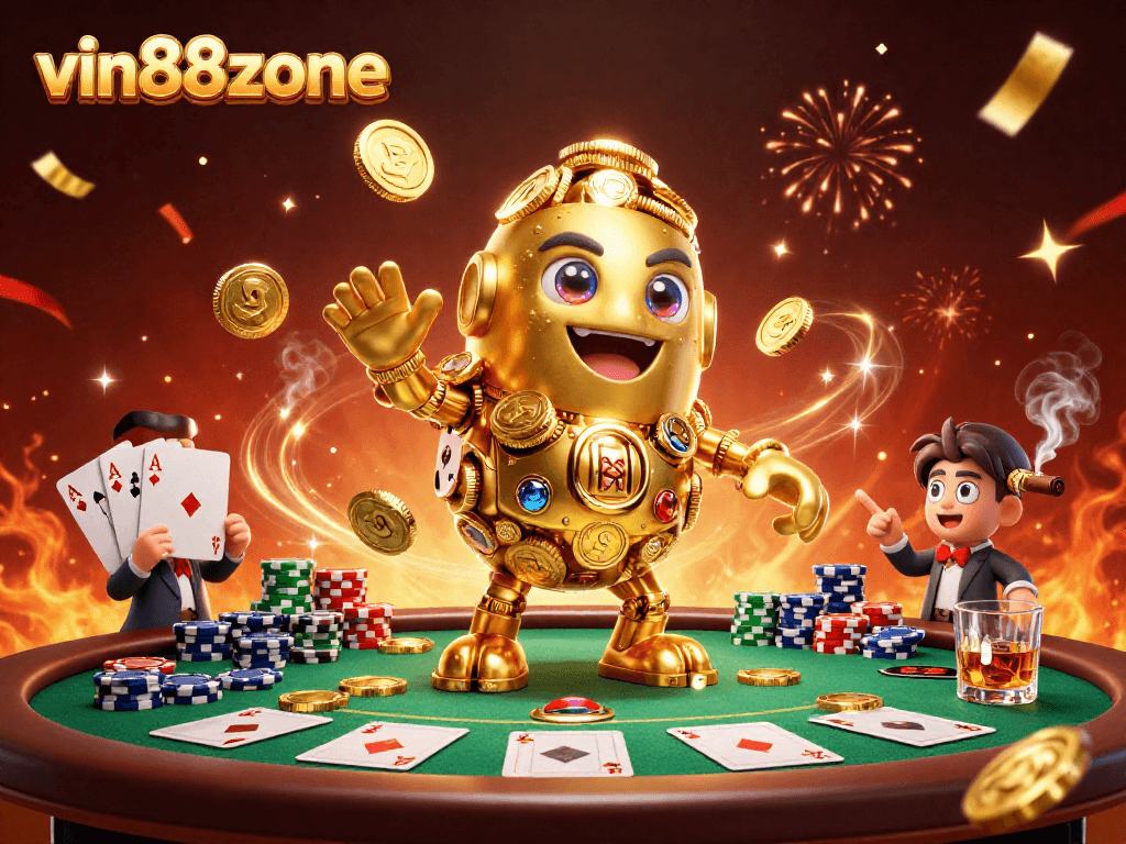 Experience thrilling gameplay with the vin88zone, showcasing a golden golem amidst colorful poker elements.