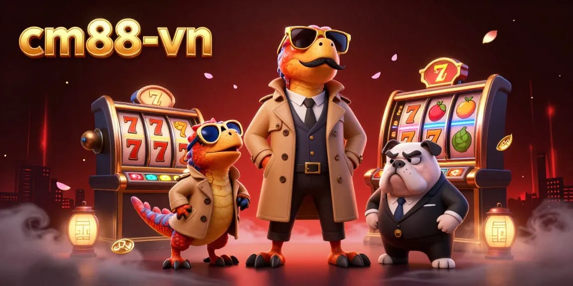 Experience the thrill of cm88-vn with cartoon raptors sneaking into a VIP casino, surrounded by slot machines and festive decorations.