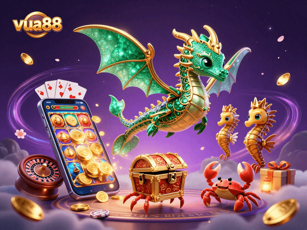 Play with vua88 and explore the enchanting sea dragon gaming scene filled with vibrant slot action.