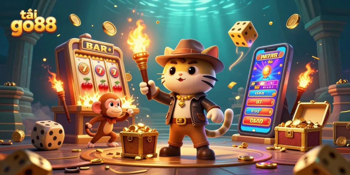 Experience an exciting casino adventure with tải go88 featuring a cat explorer and treasure.
