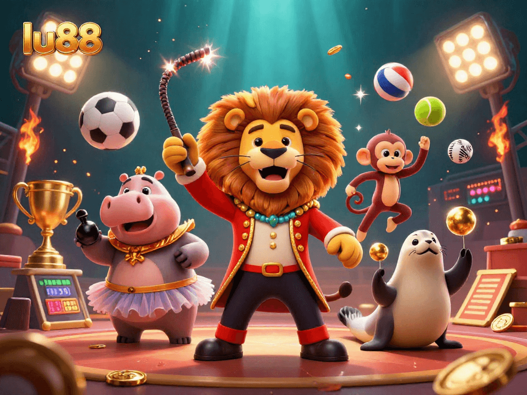 lu88 showcases vibrant 3D circus characters amidst dynamic sports elements and casino excitement
