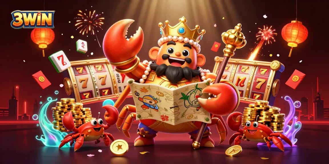 Engage in thrilling gameplay with 3WIN, illustrated by a golden crab emperor surrounded by slot reels and festive elements.
