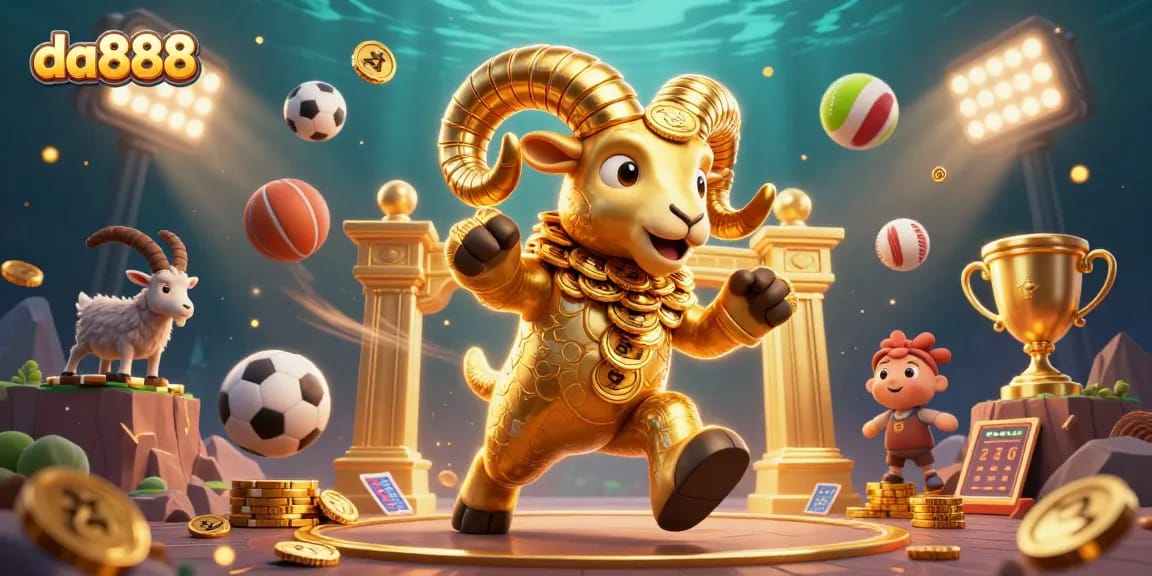 Engage with da888 betting excitement through a colorful 3D casino scene featuring dynamic sports elements.