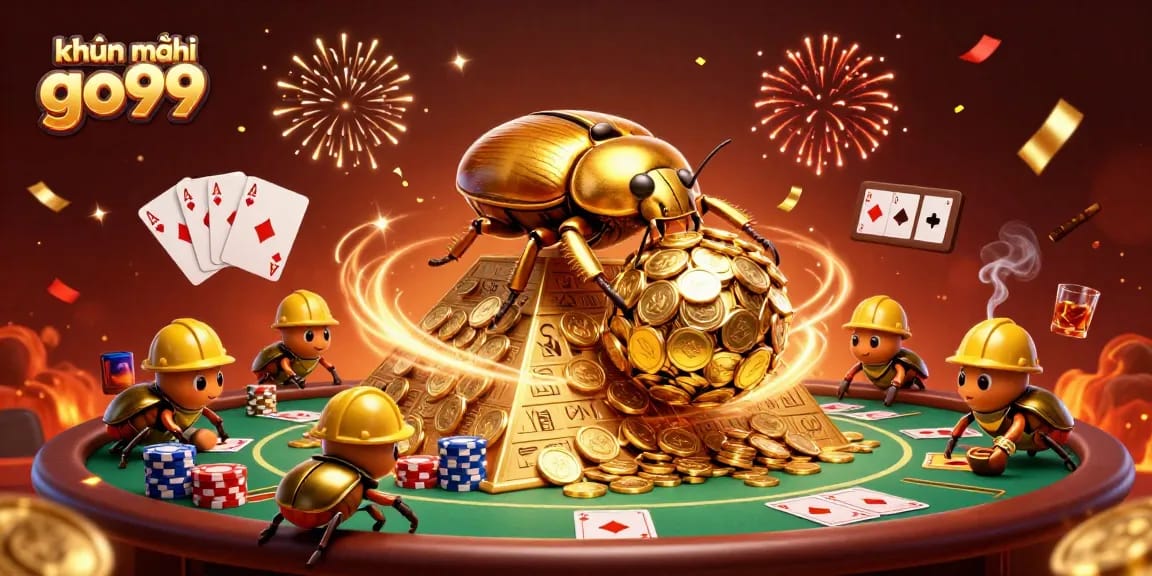 Engage with khuyến mãi go99 through a vibrant casino-themed illustration featuring golden beetles.