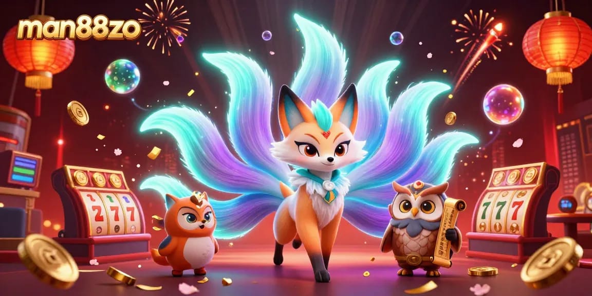 Experience thrilling gameplay with man88zo in this vibrant casino scene featuring a colorful nine-tailed fox spirit.