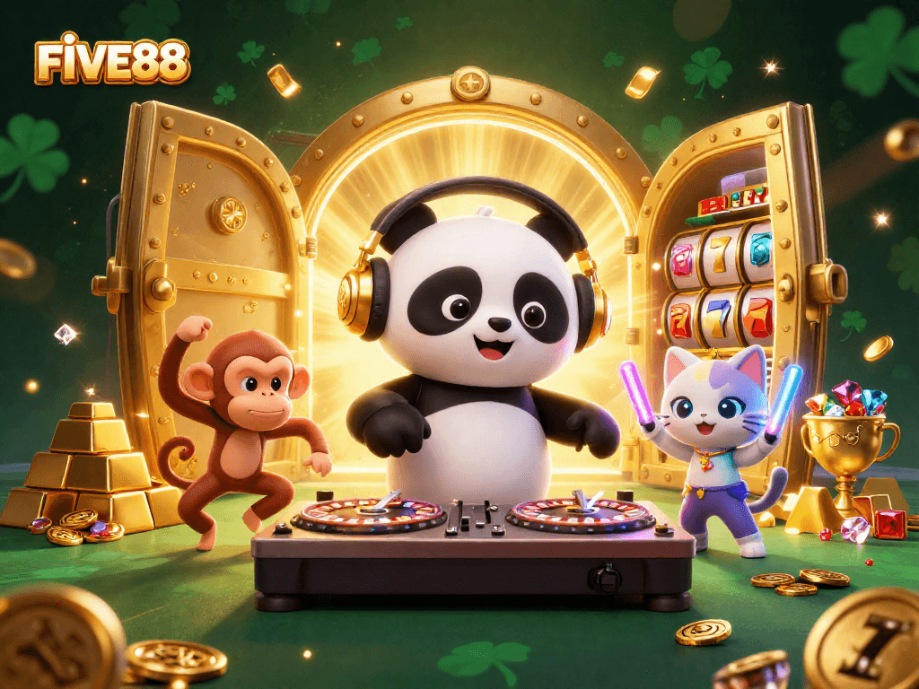 Experience the excitement of FIVE88 with a vibrant 3D illustration featuring a DJ panda and dynamic casino elements.