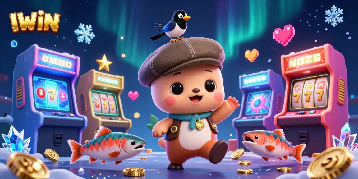 Experience winning excitement with IWIN in a vibrant 3D casino scene full of playful characters.