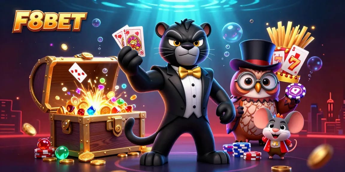 F8BET showcases a stylish cartoon panther dealing cards amidst exploding treasures and lively gaming elements.