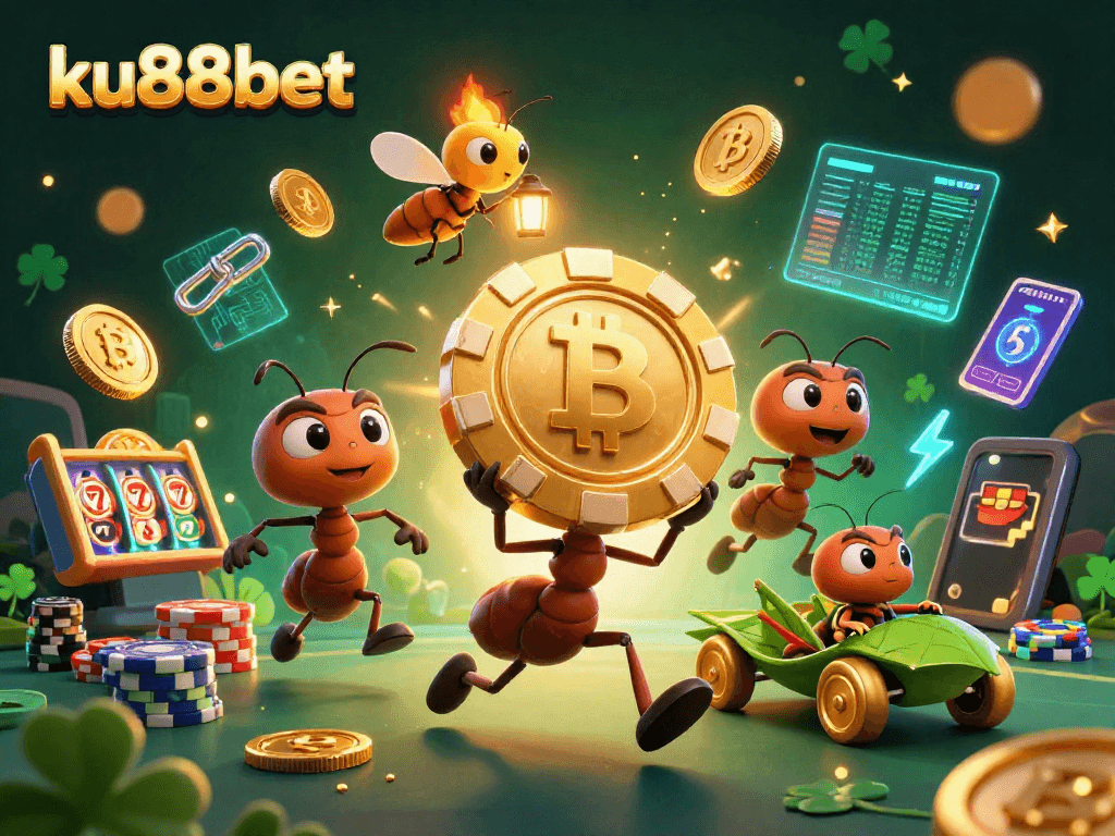 ku88bet's animated scene with ants heisting a golden poker chip, evoking excitement in online gambling