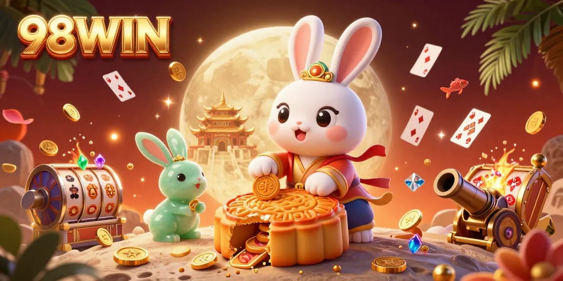 Engage with 98WIN's dynamic casino offerings featuring a moon rabbit and poker elements in a rich 3D scene.