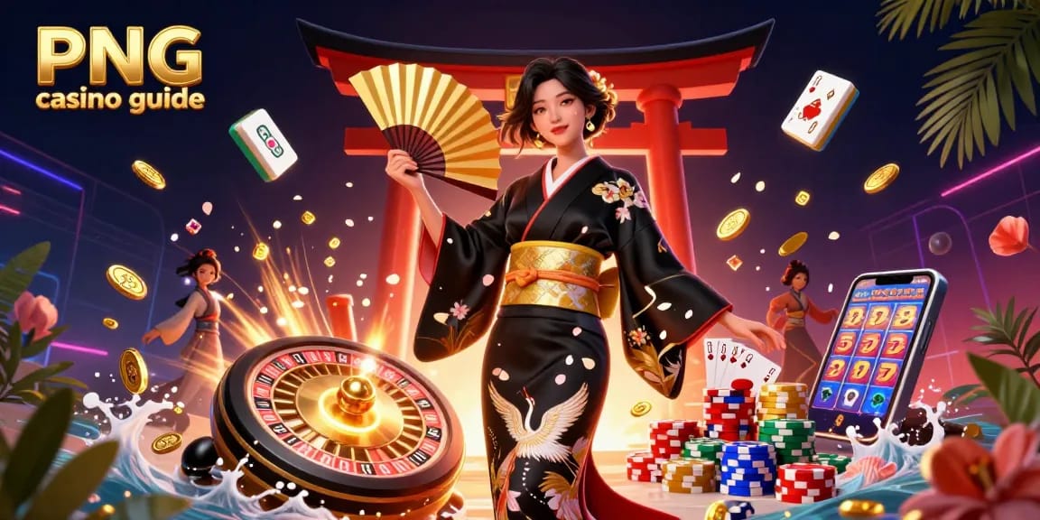 Experience the excitement of the PNG casino guide through vibrant illustrations of games and characters.