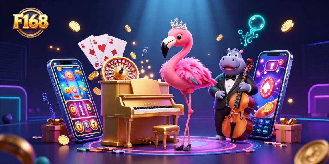 Experience F168 with a lively casino scene showcasing vibrant games and characters in action.