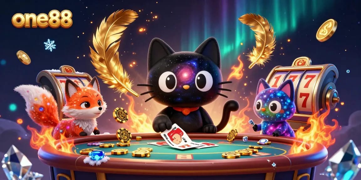 Engage with one88's vibrant casino scene featuring a black hole cat and nebula fox capturing golden bets.