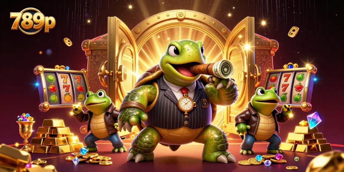 Experience 789p's thrilling casino atmosphere with a massive turtle mobster and frog enforcers.