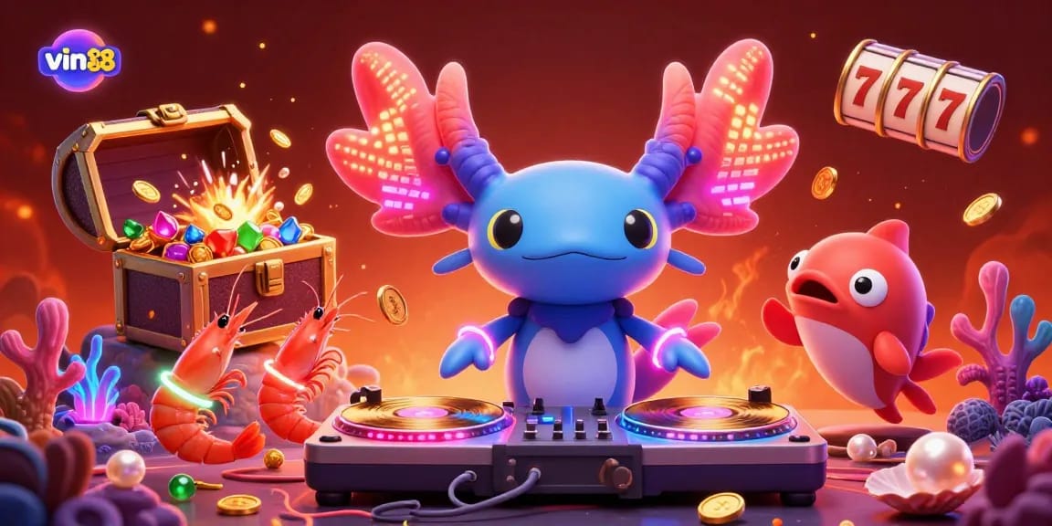 Spin and win with vin88 in a vibrant underwater casino scene featuring an axolotl DJ and dynamic elements.