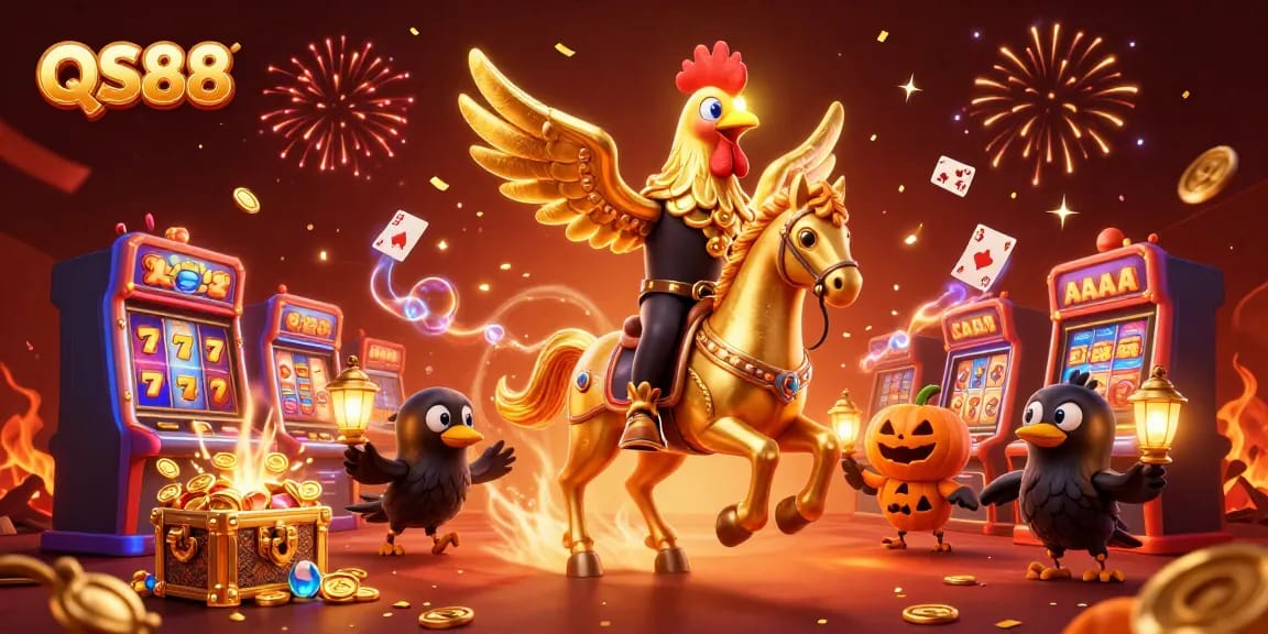 Experience thrilling slot jackpots at QS88 with a captivating golden rooster in a vibrant casino.