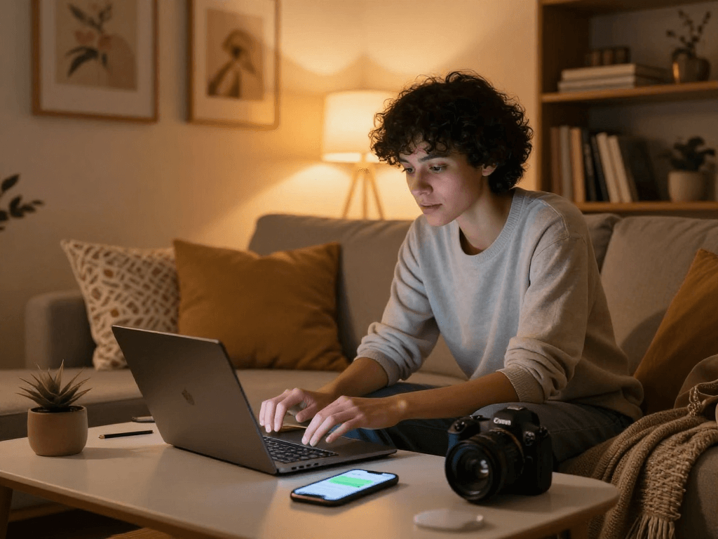 Engaging in AI sex chat, person on a cozy couch with laptop and tech gadgets.