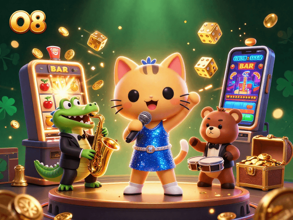 Play and win at O8 with a vibrant casino scene featuring fun characters and exciting slot machines.