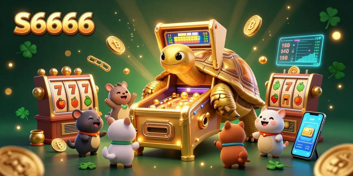 Experience the thrill of S6666 with a lively illustration of a golden tortoise and exciting slot elements!