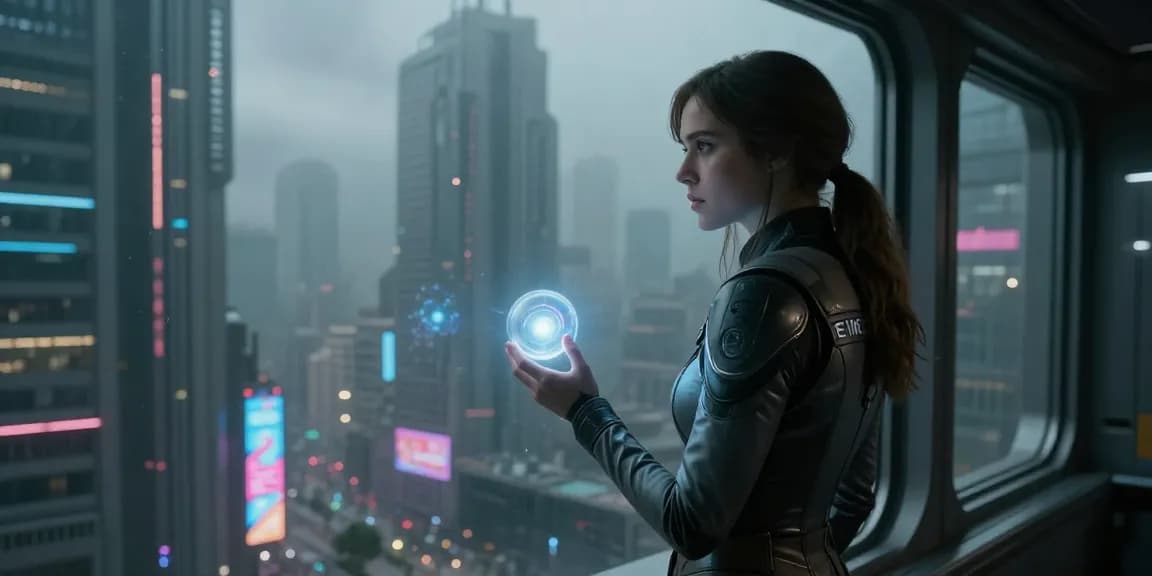 Emma Thorne in a dystopian sci-fi novel setting, symbolizing emotional rebellion.