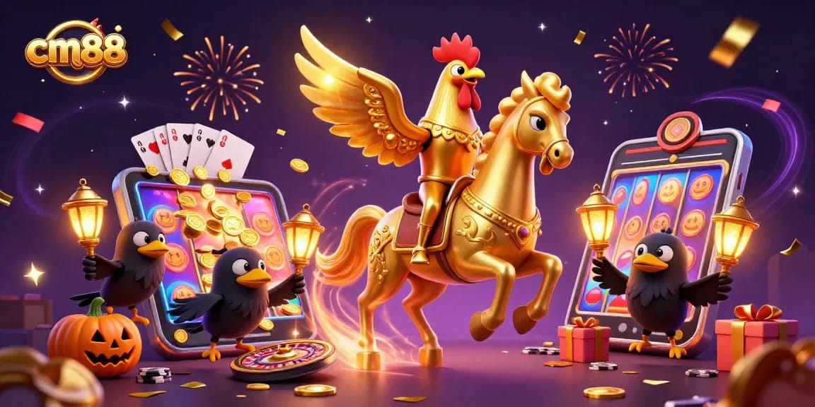 Experience exciting cm88 slots as golden rooster rides in a vibrant midnight casino scene.