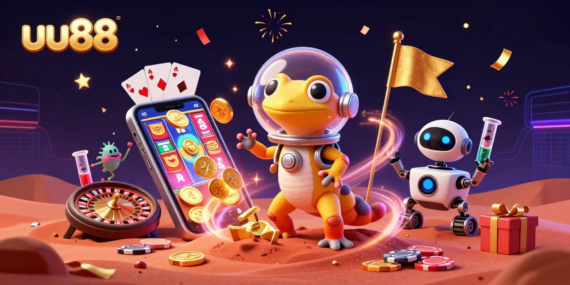 uu88 sparks excitement with Martian explorer uncovering a unique golden casino in vibrant 3D illustration.