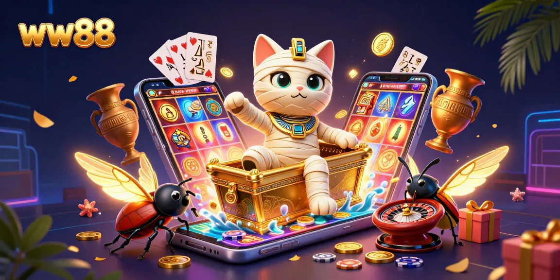 Win big at ww88 with our vibrant casino scene featuring an Egyptian mummy cat and golden games.